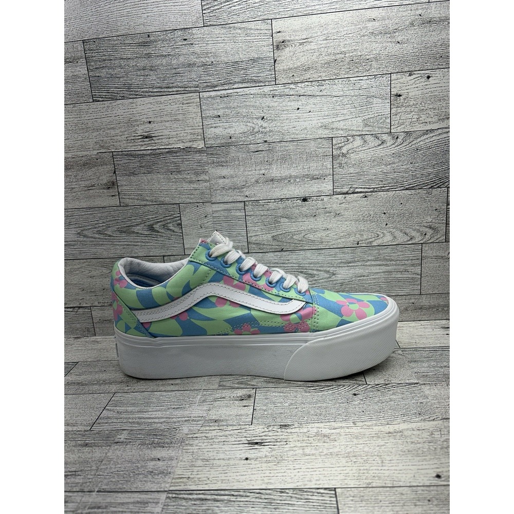 Vans Old Skool Stacked Platform Shoes Womens 8 Men 6.5 Checkerboard Floral Blue - Picture 9 of 11
